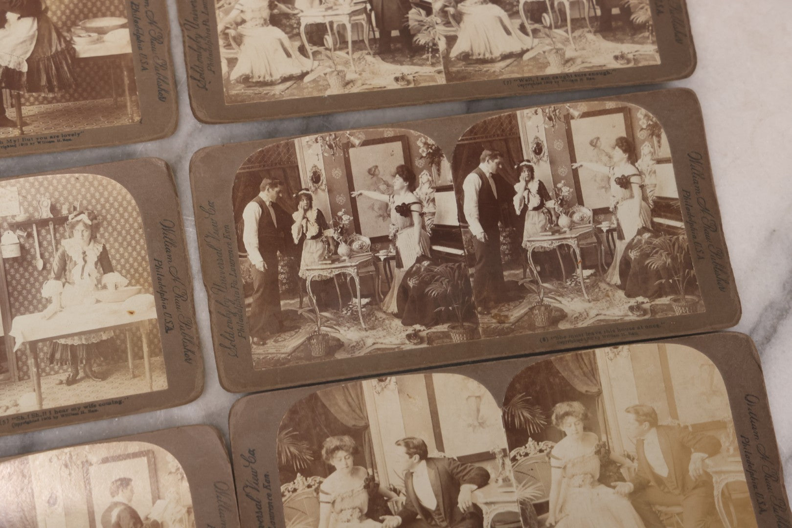 Lot 113 - Antique Grouping Of 11 Sequential Comic Photo Stereocards In Which Mr. Turtledove Is Caught Philandering With His And His Wife's New French Cook, Copyright 1902, By William H. Rau, Sold Only By Universal View Co., Philadelphia, Pennsylvania