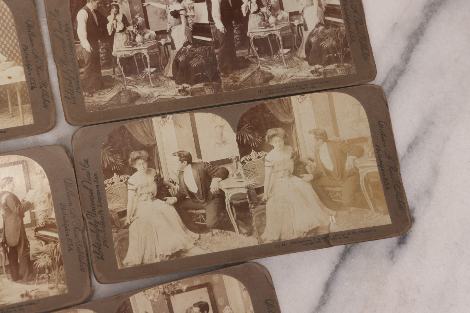 Lot 113 - Antique Grouping Of 11 Sequential Comic Photo Stereocards In Which Mr. Turtledove Is Caught Philandering With His And His Wife's New French Cook, Copyright 1902, By William H. Rau, Sold Only By Universal View Co., Philadelphia, Pennsylvania