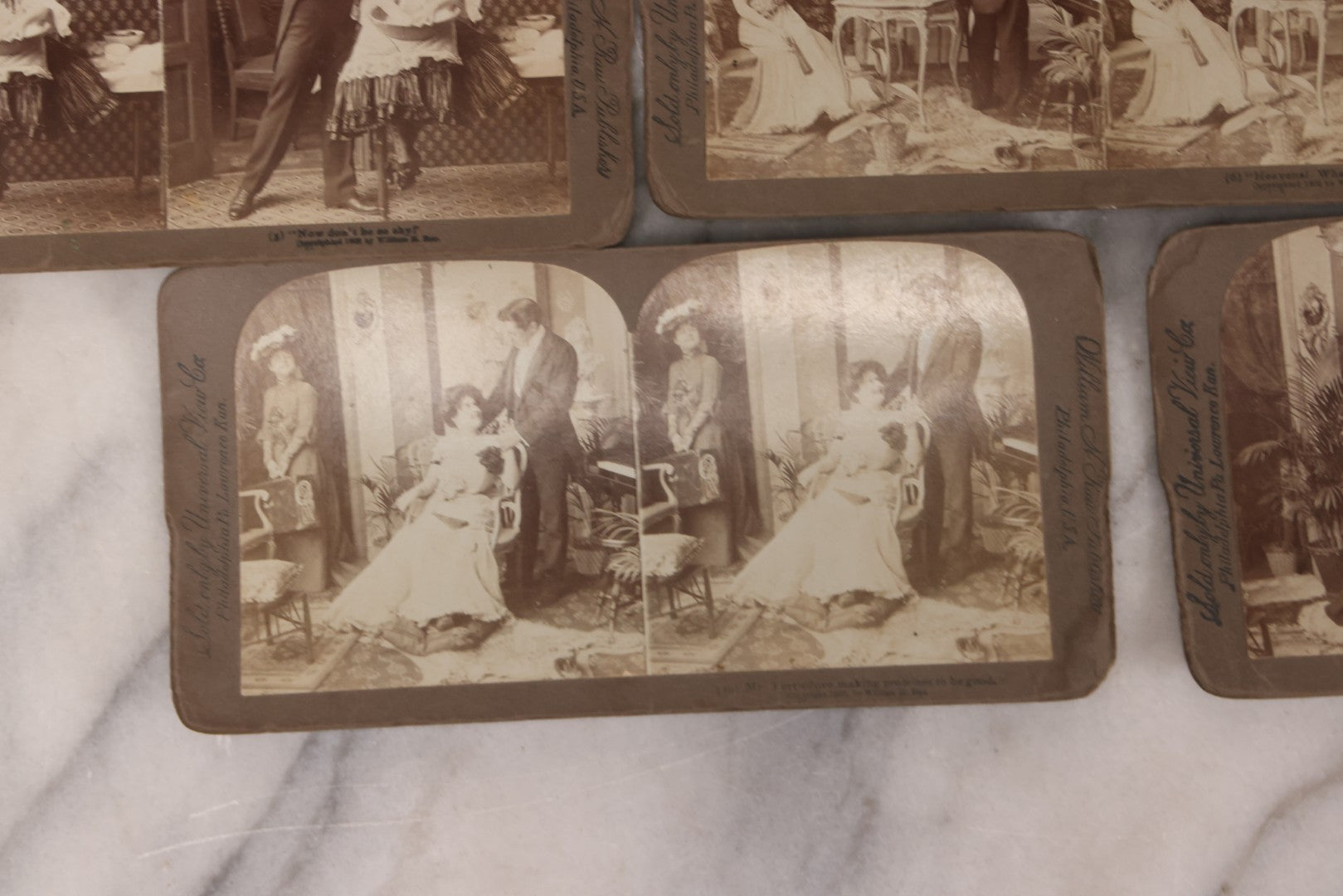Lot 113 - Antique Grouping Of 11 Sequential Comic Photo Stereocards In Which Mr. Turtledove Is Caught Philandering With His And His Wife's New French Cook, Copyright 1902, By William H. Rau, Sold Only By Universal View Co., Philadelphia, Pennsylvania