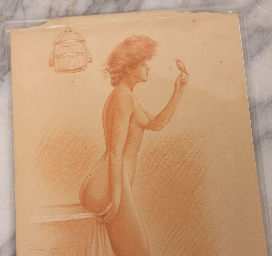 Lot 120 - Antique Nude Pinup Ephemera Scrap Titled "Morning Song," Naked Lady Posing With Bird Illustrated By Archie Gunn