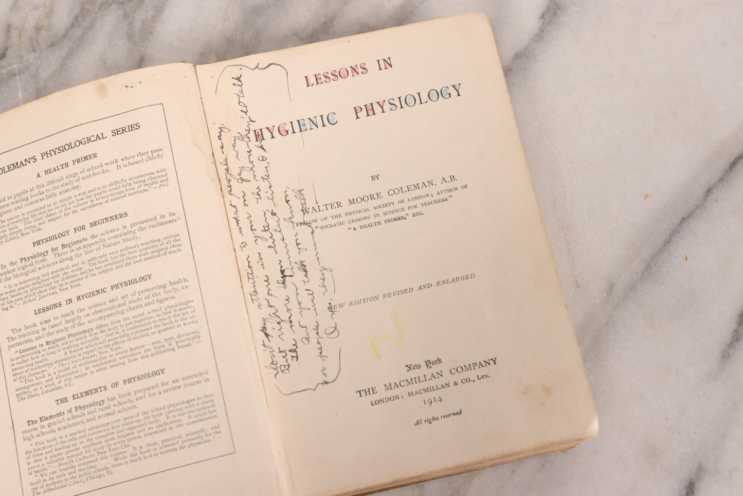 Lot 129 - "Lessons In Hygienic Physiology" Antique Illustrated Medical Book By Walter Moore Coleman, The Macmillan Company, Publisher, New York, 1914, Note Coloring And Pencil Marks Throughout, Many Illustrations Cut Out Of Book