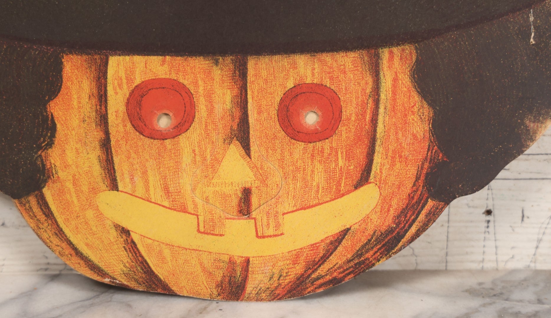 Lot 019 - Vintage Halloween Paper Cutout Mask Of Pumpkin Jack-O-Lantern J.O.L. Wearing Witch Hat, Made In Germany, Unknown Manufacturer, 14-1/8" x 12-1/2"