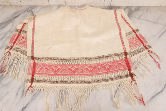 Lot 035 - Antique Damask Textile Fabric Bib With Detailed Red Embroidery Featuring All Seeing Eye, Comb And Brush And Hairpin Motifs