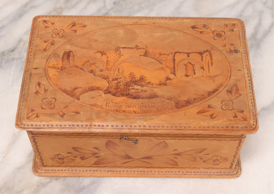 Lot 051 - Vintage Wood Burned Pyrography Keepsake Box With Image Of "Ruinas Recolección" Church Ruins In Antigua Guatemala, Dated July 9, 1939, With Signature And Manufacturers Stamp