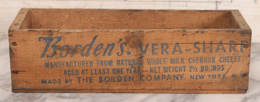 Lot 054 - Vintage Borden's Vera-Sharp Mature Whole Milk Natural Loaf Cheddar Cheese 2.5 Lbs Wooden Crate Box, Made By The Borden Company, New York