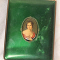 Lot 060 - Vintage Green Enamel Cigarette Case With Cameo Portrait Of Woman, Wood Lined Interior, With Gift Inscription Dated 1935