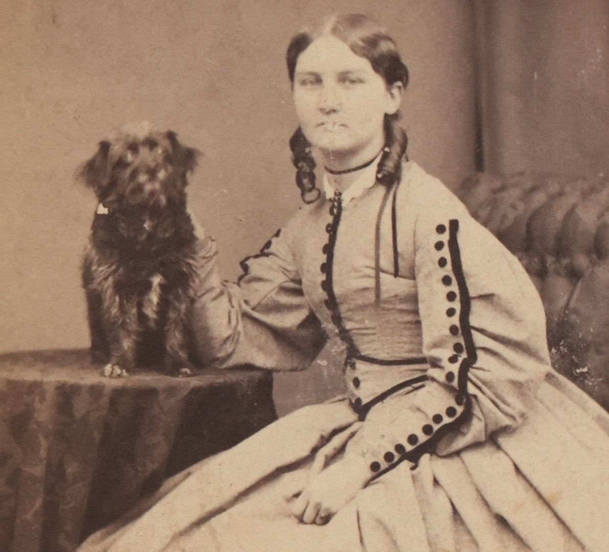 Lot 085 - Antique Carte De Visite C.D.V. Photograph Of Young Woman In Large Dress Posing With Scraggly Little Black Dog, John Moffat, Edinburgh, Scotland