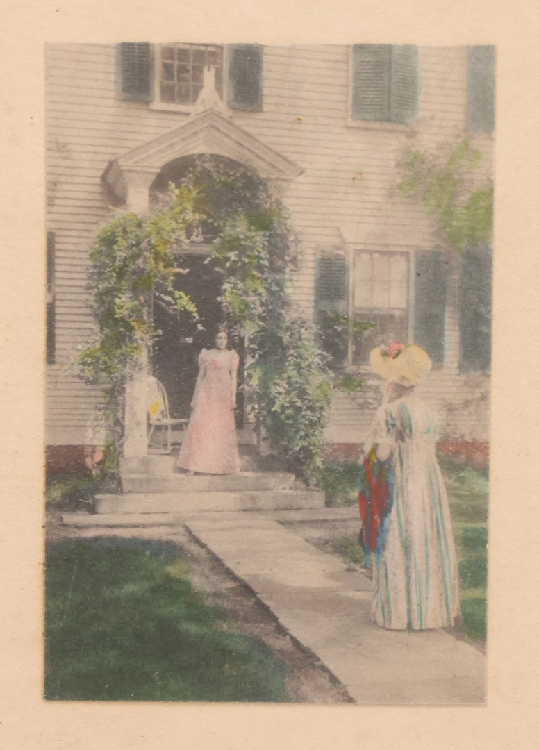 Lot 091 - Antique Hand Colored Photograph Of Two Women Outside Home, Titled "Welcome Guest", Photographed By David Davidson, In Frame, 5-1/2" x 6-1/2"