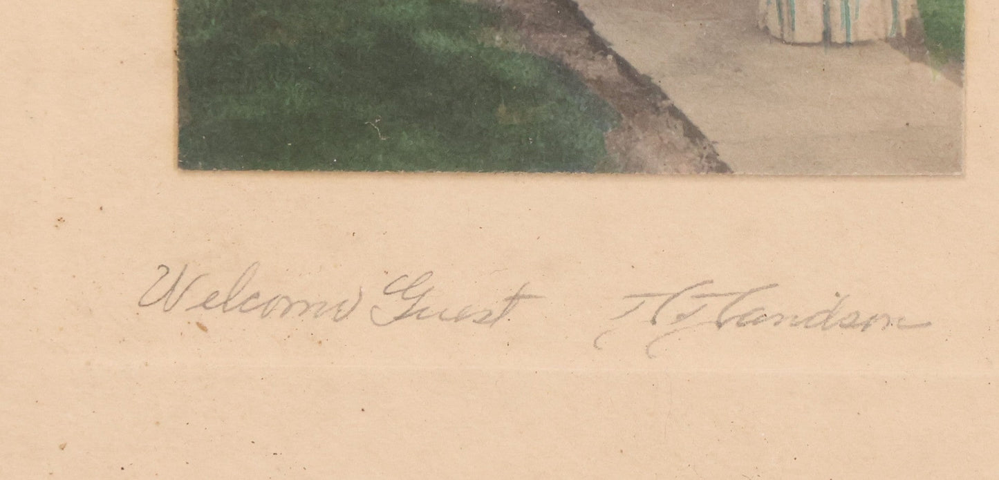 Lot 091 - Antique Hand Colored Photograph Of Two Women Outside Home, Titled "Welcome Guest", Photographed By David Davidson, In Frame, 5-1/2" x 6-1/2"