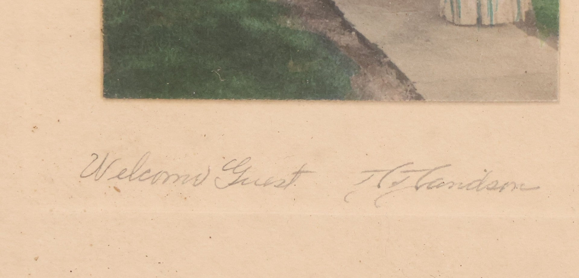 Lot 091 - Antique Hand Colored Photograph Of Two Women Outside Home, Titled "Welcome Guest", Photographed By David Davidson, In Frame, 5-1/2" x 6-1/2"