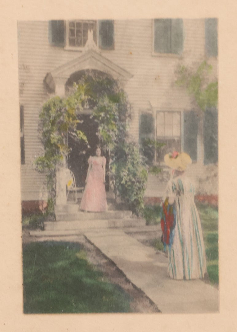 Lot 091 - Antique Hand Colored Photograph Of Two Women Outside Home, Titled "Welcome Guest", Photographed By David Davidson, In Frame, 5-1/2" x 6-1/2"