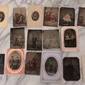 Lot 095 - Grouping Of Sixteen Antique Tintype Photographs Of Men Women And Children Including Two Children In Chairs, Brother And Sister, With Hand Tinting, Young Man Standing With Book, Family Portrait, And More