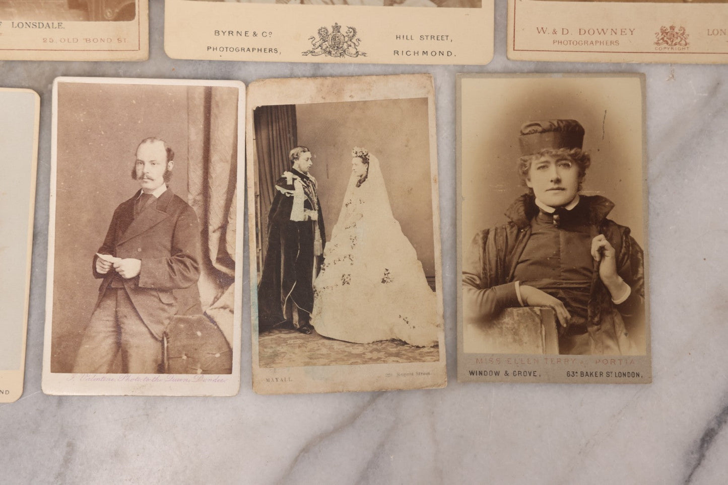 Lot 100 - Grouping Of Antique Photographs By British Photographers Including Four Cabinet Cards And Five Carte De Visite C.D.V. Photos By Photographers Including W. & D. Downey, Byrne & Co., Alexander Bassano, Elliott And Fry, And More