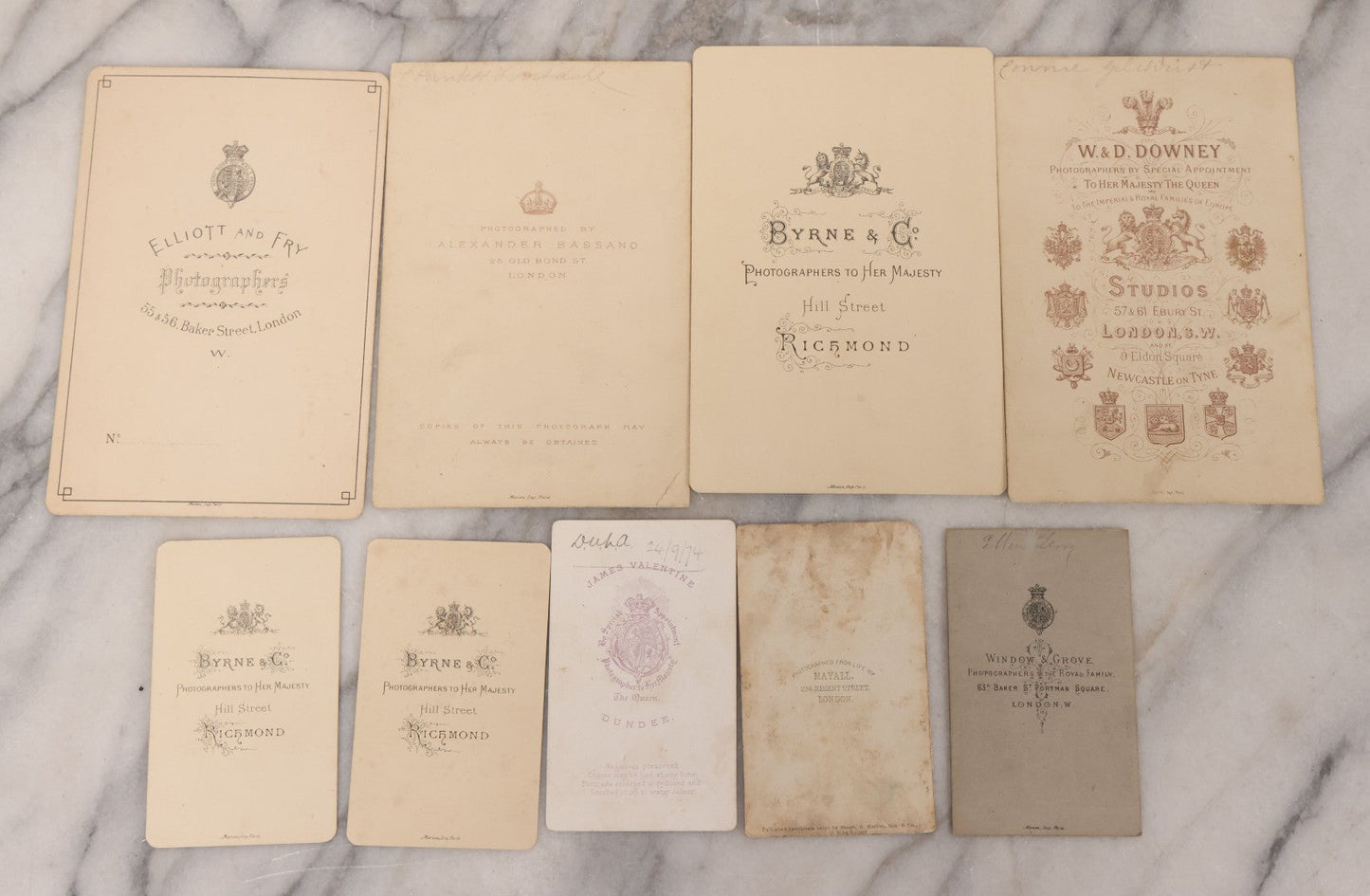 Lot 100 - Grouping Of Antique Photographs By British Photographers Including Four Cabinet Cards And Five Carte De Visite C.D.V. Photos By Photographers Including W. & D. Downey, Byrne & Co., Alexander Bassano, Elliott And Fry, And More