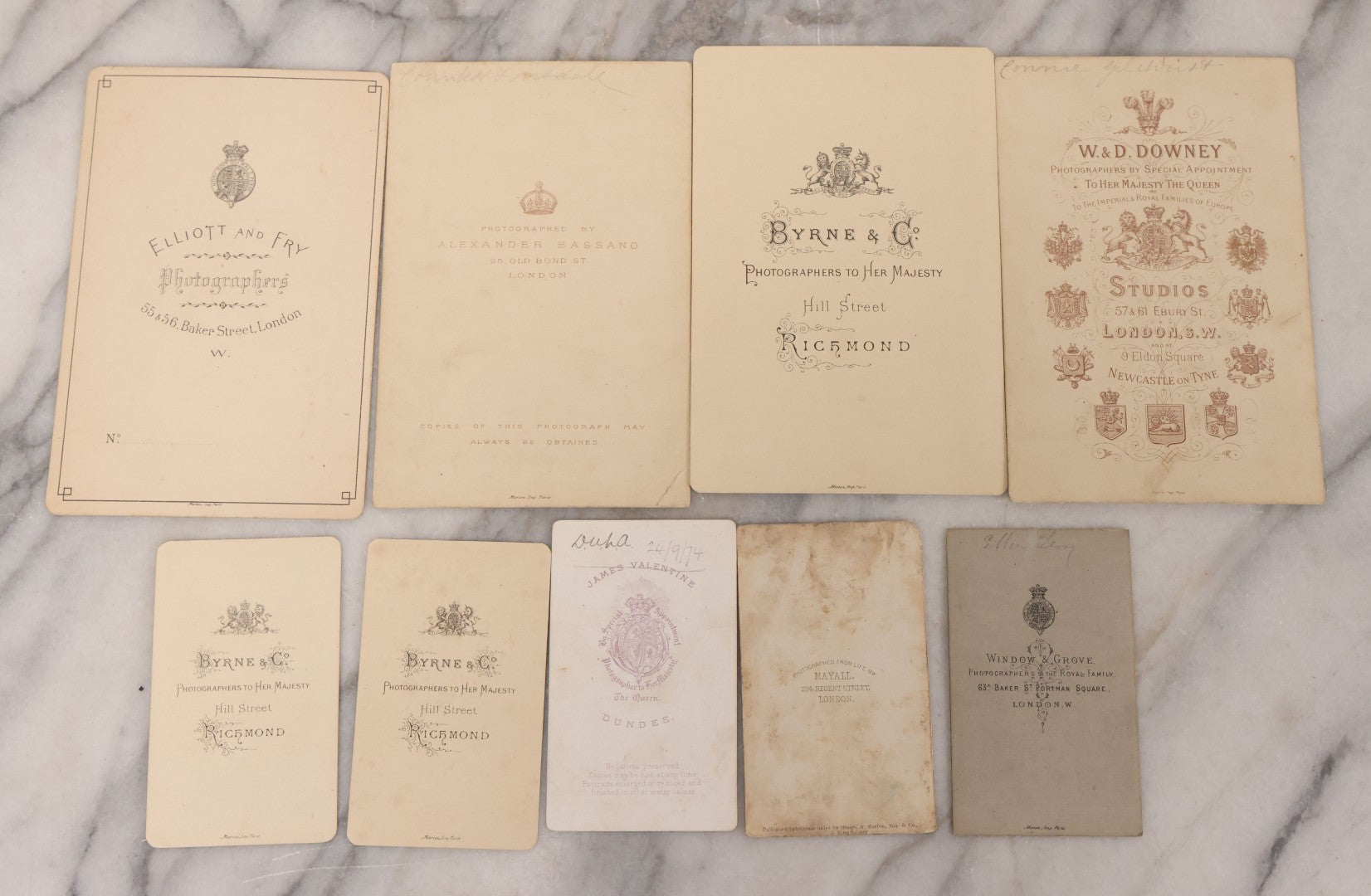 Lot 100 - Grouping Of Antique Photographs By British Photographers Including Four Cabinet Cards And Five Carte De Visite C.D.V. Photos By Photographers Including W. & D. Downey, Byrne & Co., Alexander Bassano, Elliott And Fry, And More