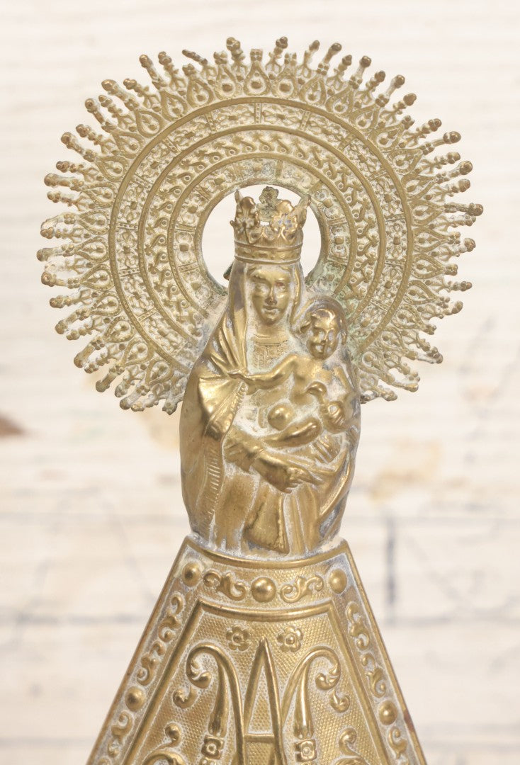 Lot 010 - Antique European Pressed Brass Virgin Mary Holding Child Devotional Statue, Depicting Our Lady Of The Pillar, After The First Marian Apparition In Zaragoza, Spain, 7-1/4" Height