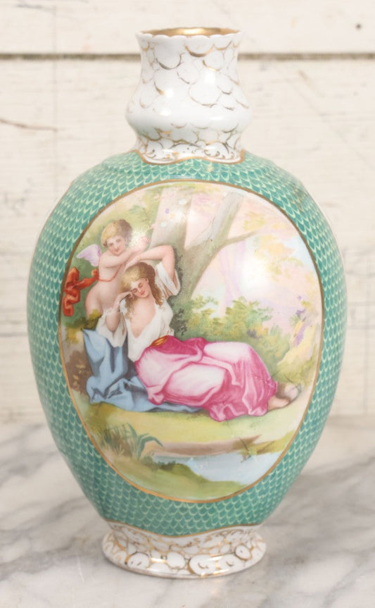 Lot 020 - Antique Transfer Printed Vienna Style Pottery Vase With Two Scenes After Angelica Kauffmann, Including Three Goddesses And Cupid Tying Wrists Of Partially Nude Woman, Made In Austria, 9-3/4" Height