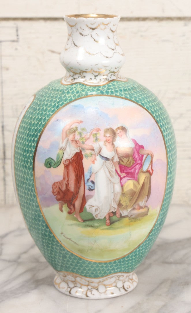 Lot 020 - Antique Transfer Printed Vienna Style Pottery Vase With Two Scenes After Angelica Kauffmann, Including Three Goddesses And Cupid Tying Wrists Of Partially Nude Woman, Made In Austria, 9-3/4" Height