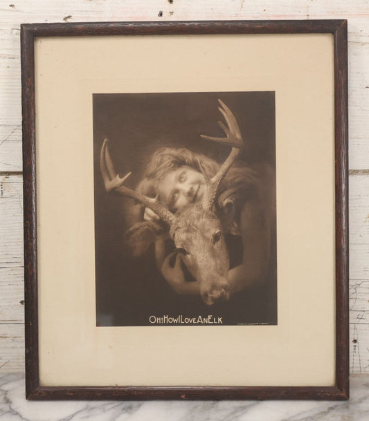 Lot 022 - Antique Comic Photographic Print Of Blissful Woman Hugging A Young Elk, "Oh! How I Love An Elk," Copyright 1907, Celebrity Art Co., Boston, 12-3/4" x 14-3/4"
