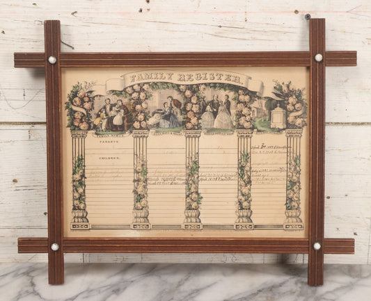Lot 025 - Antique Hand Colored Lithographed Family Register For The Sanders Family Of Montpellier, Vermont, Originally Published By Currier And Ives, 1852, With Handwriting Circa 1860s And Later, Provenance On Verso, In Period Frame, 18-1/2" x 14-1/2"