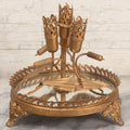 Lot 029 - Antique Gold Painted Metal Epergne Centerpiece Base With Greenman And Cattail Plant Motifs, Mirrored Tray, Missing Original Fluted Glass Vases