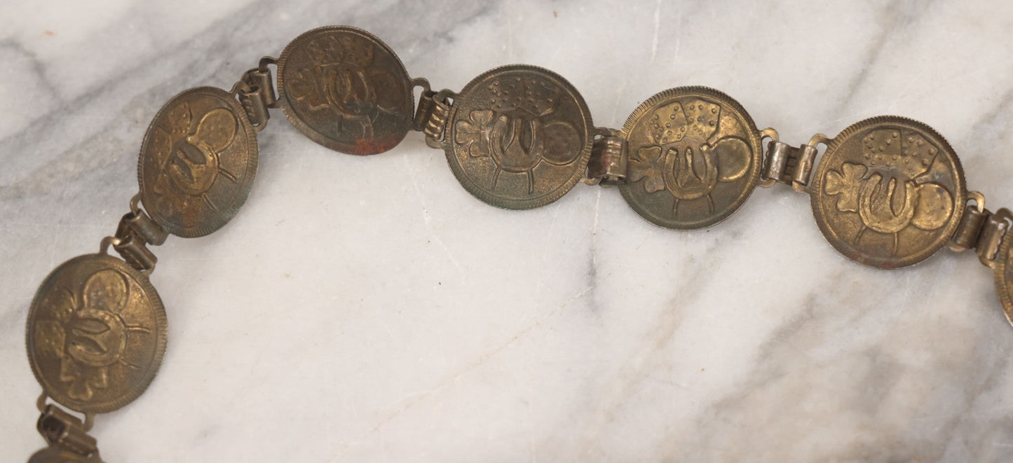 Lot 048 - Vintage Pressed Brass Good Luck Charm Necklace With Four Leaf Clover, Lucky Penny, Dice, Horseshoe, And Wishbone, With Fifteen Pressed "Coins"