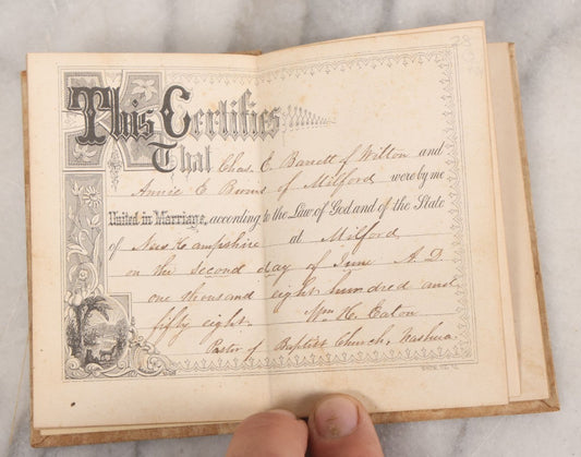 Lot 062 - "The Christian Minister's Affectionate Advice To A Married Couple" Miniature Book By Reverend James Bean, American Tract Society, Publishers, With Marriage Certificate Dated 1858