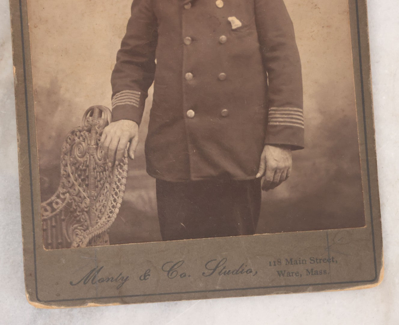 Lot 074 - Pair Of Duplicate Antique Cabinet Card Photographs Of "Mansion House" Worker In Uniform With Cap, Monty & Co. Studio, Photographers, Ware, Massachusetts