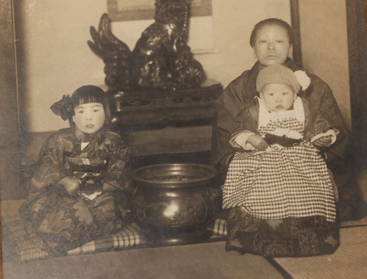 Lot 082 - Antique Boarded Photograph Of Japanese Mother Posing With Her Children In Kimonos, Y. Sakai Photo Studio, Yonezawa City, Japan
