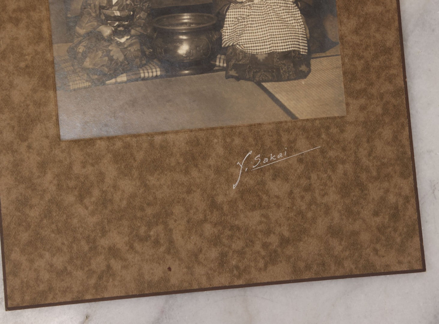 Lot 082 - Antique Boarded Photograph Of Japanese Mother Posing With Her Children In Kimonos, Y. Sakai Photo Studio, Yonezawa City, Japan