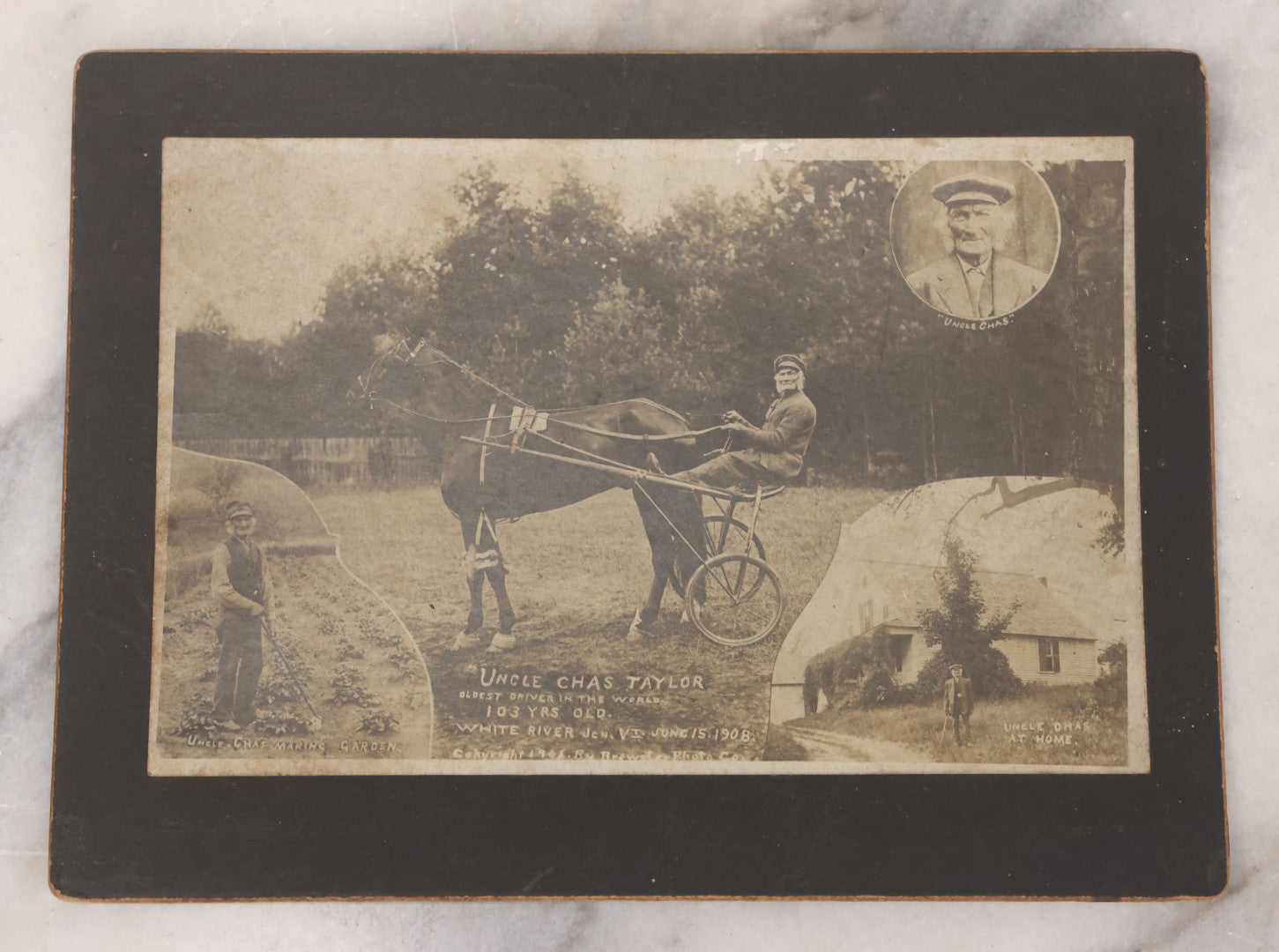 Lot 104 - Antique Boarded Collectible Photograph Print Of Uncle Chas Taylor, "Oldest Driver In The World," Pictured At 103 Years Old, On June 15, 1908, White River Junction, Vermont, Copyright By Brewster Photo Co.