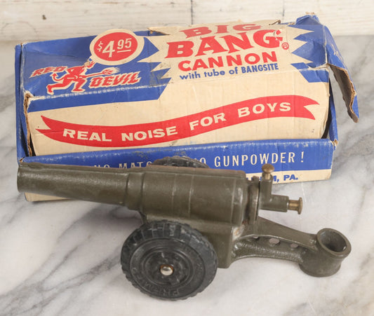 Lot 010 - Vintage Red Devil Brand Big Bang Cannon Cast Metal Cannon Toy In Original Box, "Real Noise For Boys," Manufactured By Conestoga Co., Inc., Bethlehem, Pennsylvania