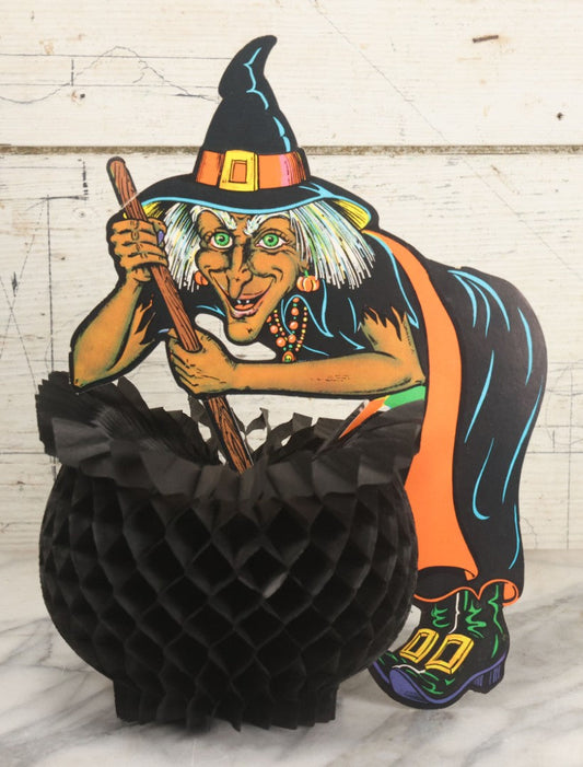 Lot 017 - Vintage Die Cut Witch Halloween Decoration With Witch Stirring Fold Out Honeycomb Paper Cauldron, Copyright Beistle Co., Made In U.S.A.