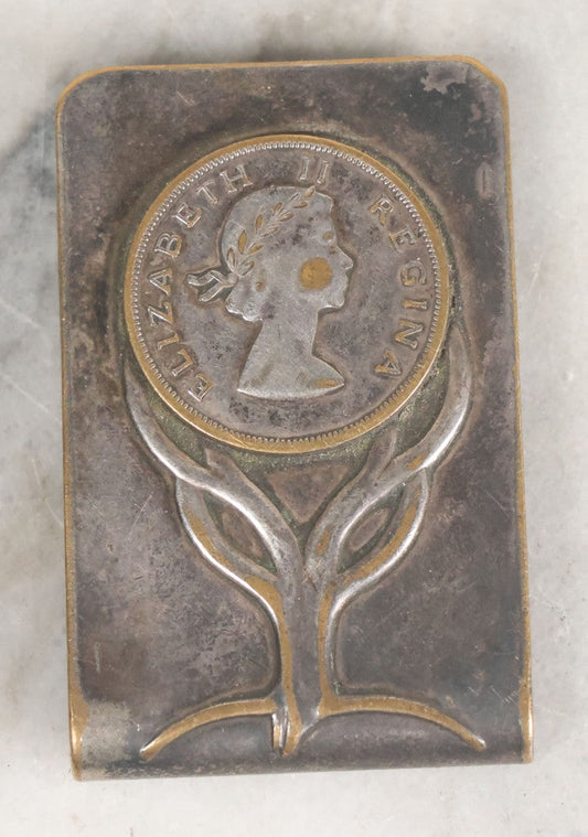 Lot 037 - Vintage Art Nouveau Money Clip With Elizabeth II Regina Coin, Manufactured By Balfur