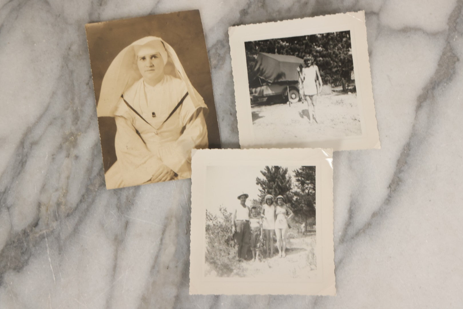Lot 087 - Grouping Of 35 Vintage Vernacular Black And White Photographs, Including Nun, Soldiers, Women At The Beach, Boston Terrier Dog In Car, And Parade Photos