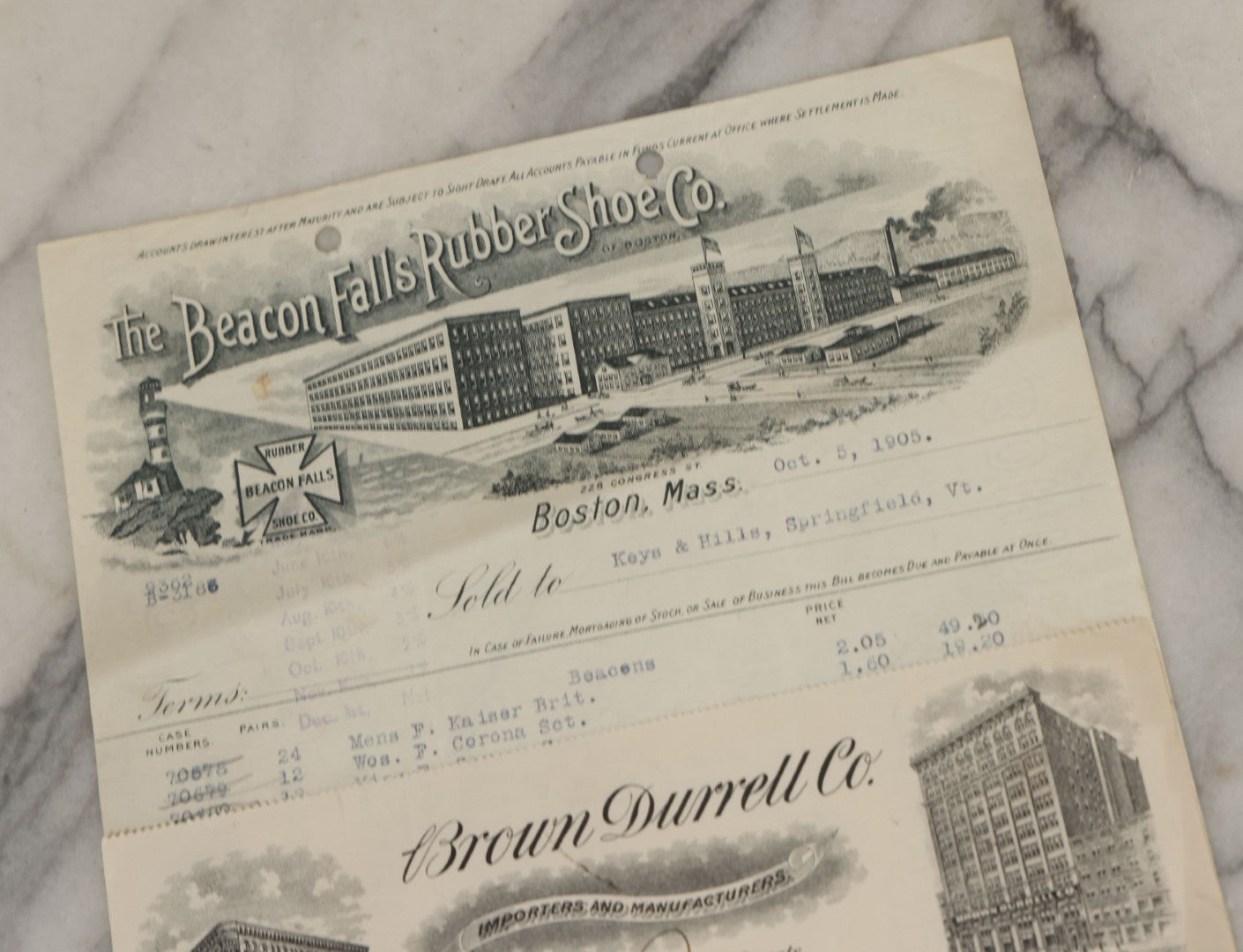 Lot 099 - Grouping Of Seventeen Antique Corporate Documents With Various Billheads, Letterheads, And Advertising For Businesses Including The Beacon Falls Rubber Shoe Co., National Biscuit Company, Hotels, And More