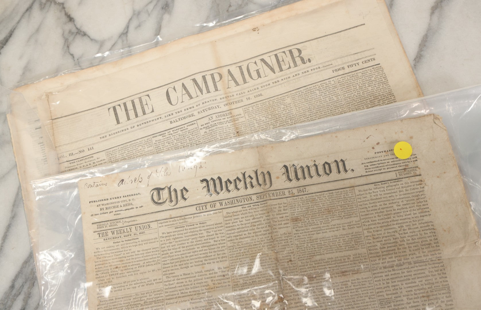 Lot 103 - Pair Of 19th Century Newspapers Including "The Campaigner," Baltimore, Saturday, October 16, 1852 And "The Weekly Union," City Of Washington, September 25, 1847
