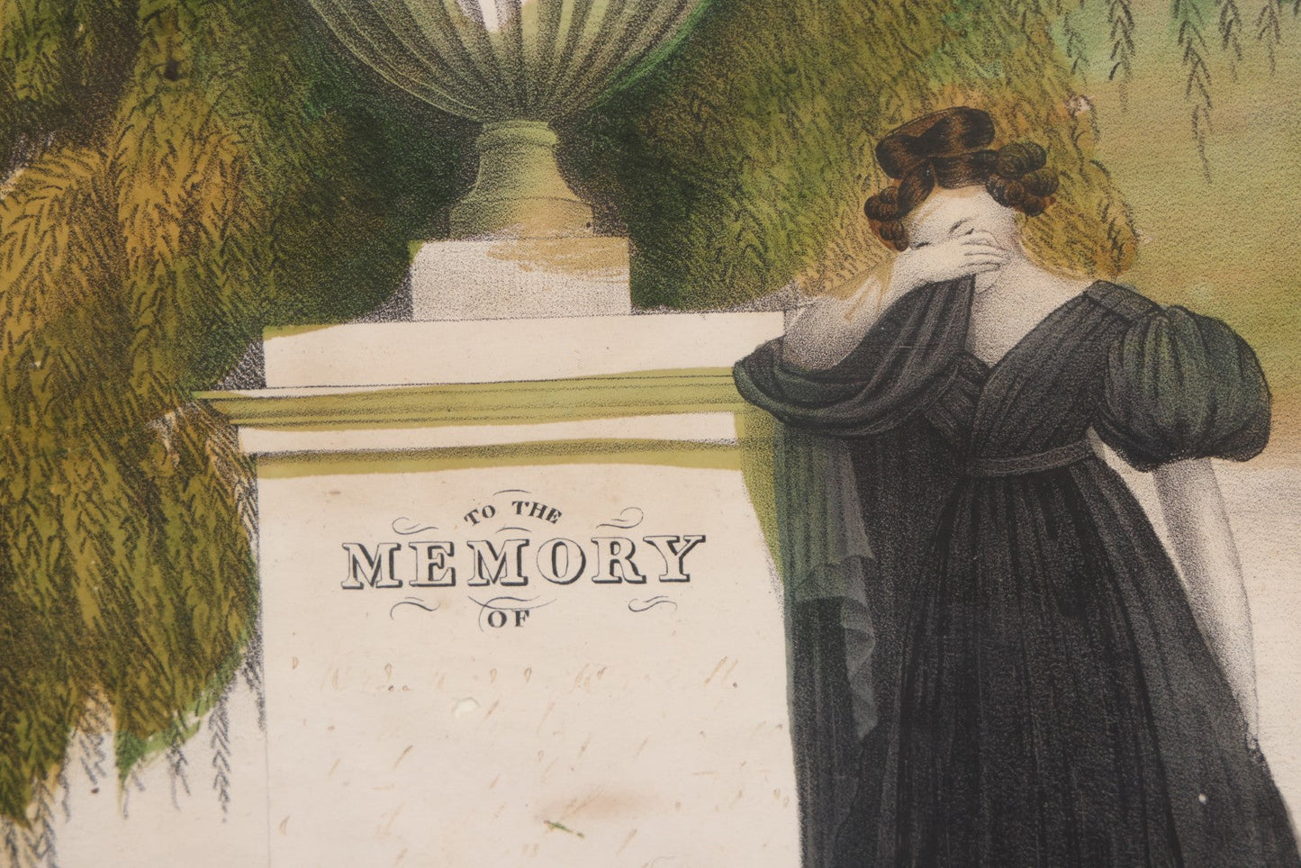 Lot 002 - Antique Hand-Colored Mourning Lithograph With Widow Weeping Beside Grave Monument And Willow Tree With Church And Sailboat In Background, "To The Memory Of" With Faded Ink Handwriting, In Frame, 16-1/2" x 13-1/2"