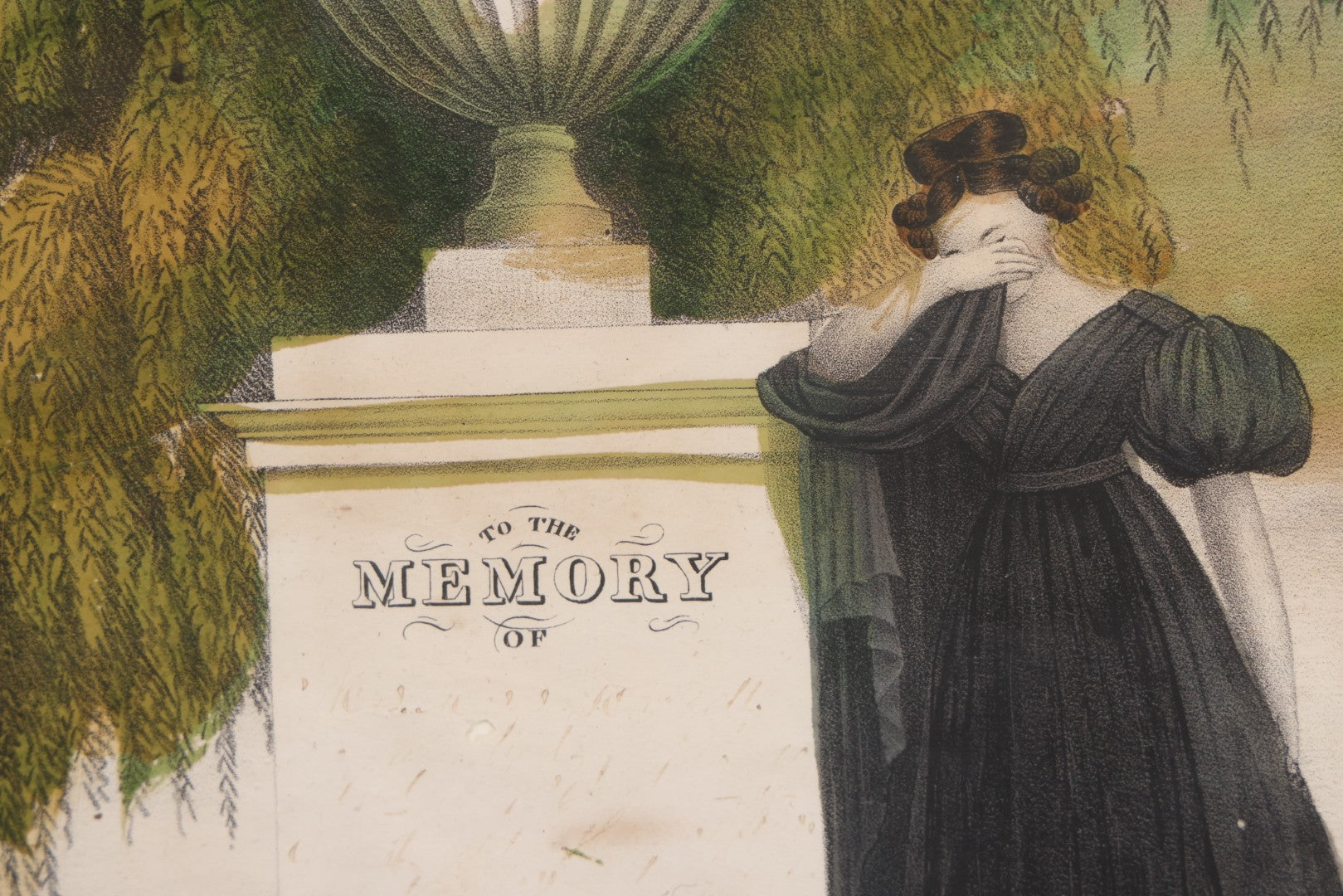 Lot 002 - Antique Hand-Colored Mourning Lithograph With Widow Weeping Beside Grave Monument And Willow Tree With Church And Sailboat In Background, "To The Memory Of" With Faded Ink Handwriting, In Frame, 16-1/2" x 13-1/2"