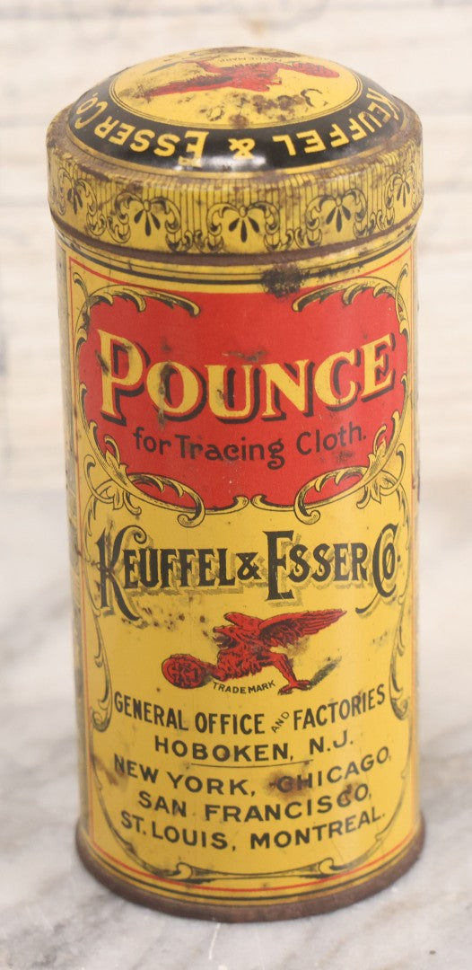 Lot 030 - Antique Lithographed Tin With Contents, Pounce Powder For Tracing Cloth, Manufactured By Keuffel & Esser Co., New York City, 4-7/8" Height