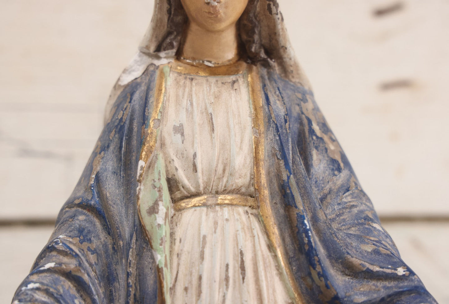 Lot 037 - Vintage Painted Chalkware Virgin Mary Devotional Statue, Stepping On Snake Of Satan, Note Chipping, Paint Loss, Damage Throughout, 12-5/8" Height