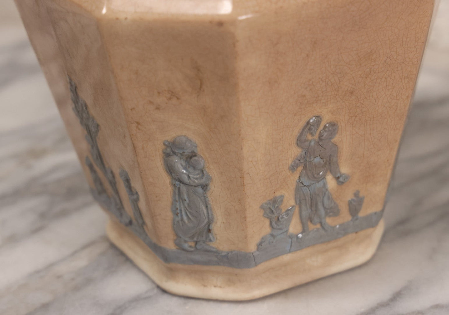 Lot 058 - Antique White Ironstone Pitcher With Figural Lion Head Spout, Blue Molded Neoclassical Figures, Note Damaged With Old Repairs, 9-3/4" Height