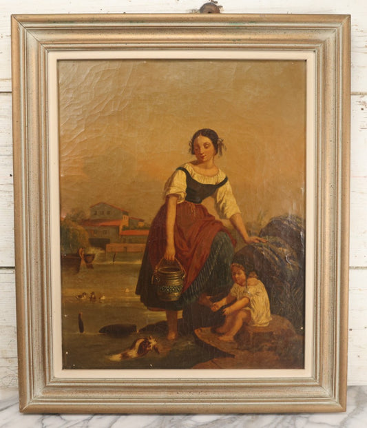 Lot 001 - Antique 19th Century Genre Painting Depicting Idyllic Peasant Life, Woman Gathering Water, Child Playing Fetch With Dog, In 20th Century Frame, As Found
