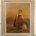Lot 001 - Antique 19th Century Genre Painting Depicting Idyllic Peasant Life, Woman Gathering Water, Child Playing Fetch With Dog, In 20th Century Frame, As Found, 21" x 25"
