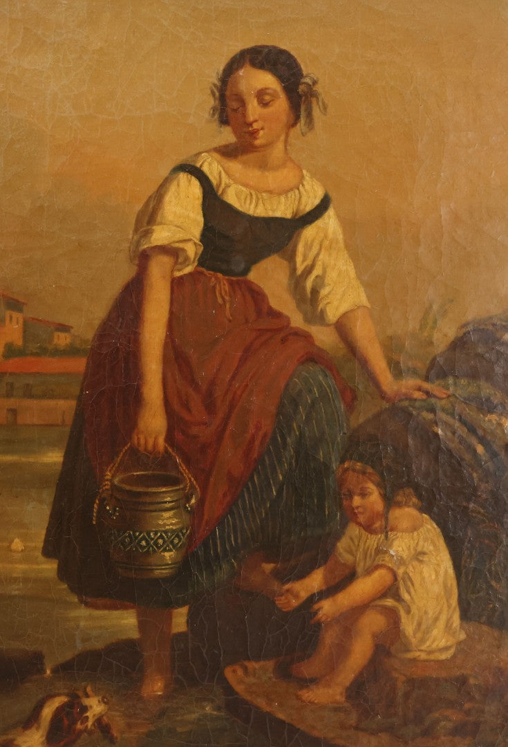 Lot 001 - Antique 19th Century Genre Painting Depicting Idyllic Peasant Life, Woman Gathering Water, Child Playing Fetch With Dog, In 20th Century Frame, As Found