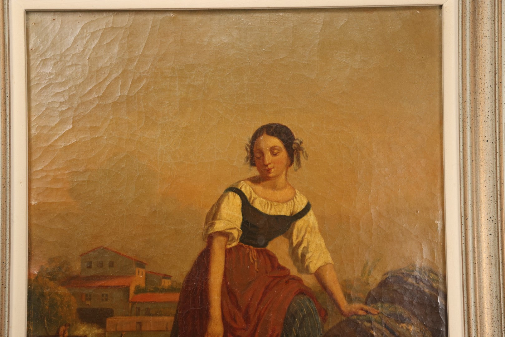 Lot 001 - Antique 19th Century Genre Painting Depicting Idyllic Peasant Life, Woman Gathering Water, Child Playing Fetch With Dog, In 20th Century Frame, As Found