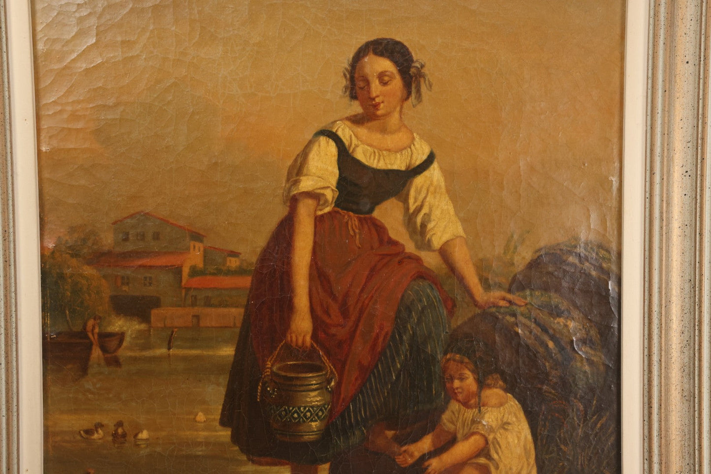 Lot 001 - Antique 19th Century Genre Painting Depicting Idyllic Peasant Life, Woman Gathering Water, Child Playing Fetch With Dog, In 20th Century Frame, As Found