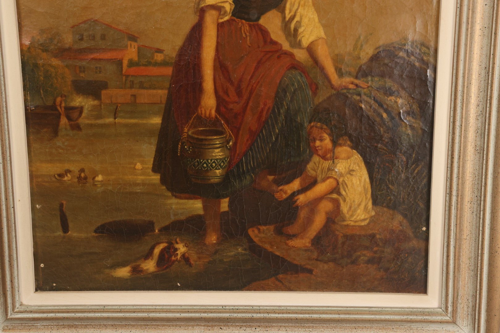 Lot 001 - Antique 19th Century Genre Painting Depicting Idyllic Peasant Life, Woman Gathering Water, Child Playing Fetch With Dog, In 20th Century Frame, As Found