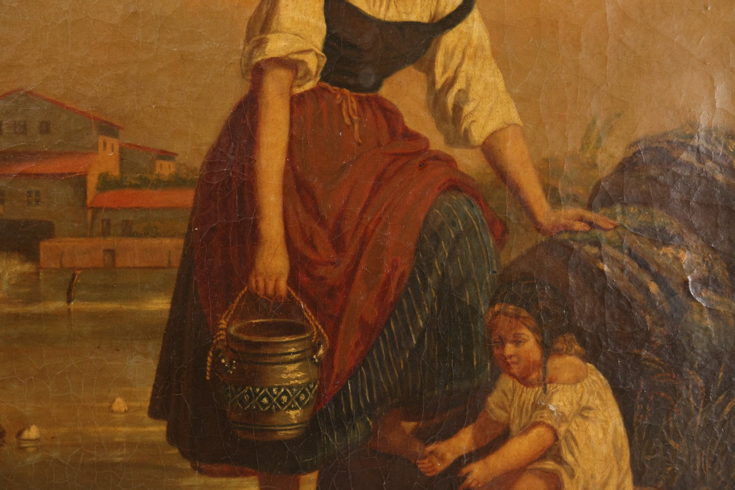 Lot 001 - Antique 19th Century Genre Painting Depicting Idyllic Peasant Life, Woman Gathering Water, Child Playing Fetch With Dog, In 20th Century Frame, As Found