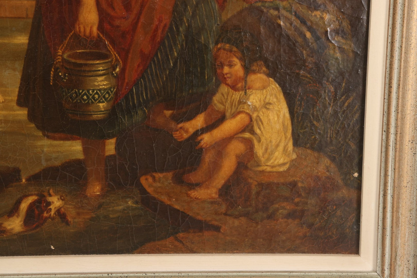 Lot 001 - Antique 19th Century Genre Painting Depicting Idyllic Peasant Life, Woman Gathering Water, Child Playing Fetch With Dog, In 20th Century Frame, As Found